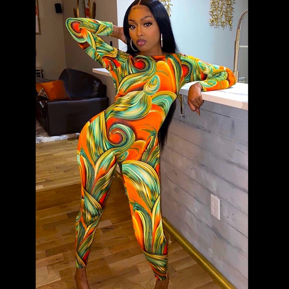XLarge Orange, Green & Yellow print romper with back out, long sleeve and pants